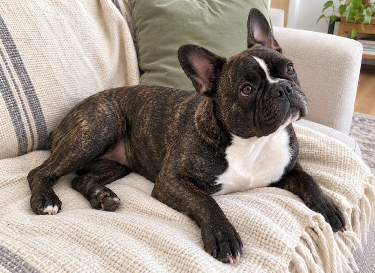Generated illustration of brindle Nina reclining on her cream throw with her head slightly tilted.