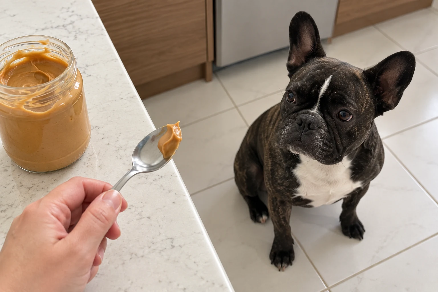 A small smear of peanut butter on a spoon above the counter while Nina sits nearby.