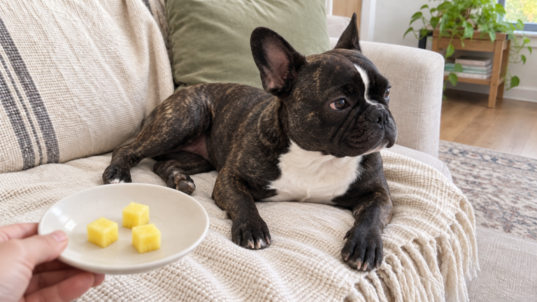 Nina reclining on the sofa beside a hand-held saucer containing three small pieces of peeled pineapple.