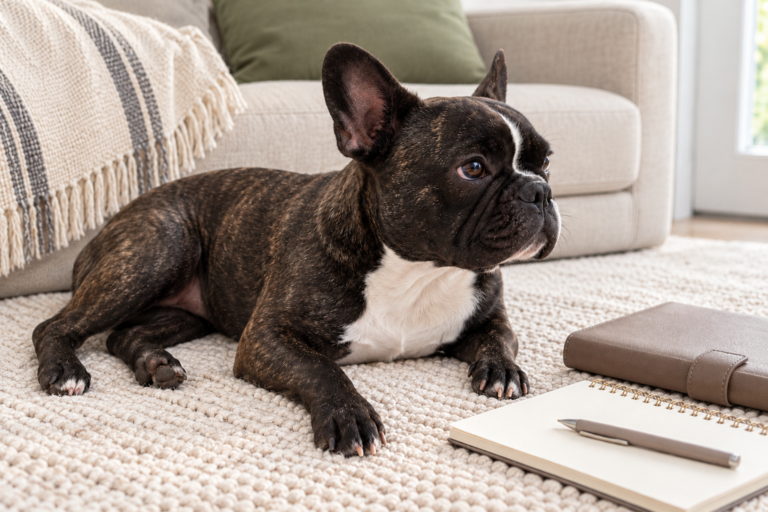 Generated illustration of brindle Nina resting beside a blank notebook and closed document wallet.