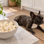 Illustration of plain air-popped popcorn on a counter with Nina resting on the floor