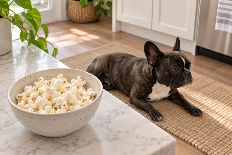 Illustration of plain air-popped popcorn on a counter with Nina resting on the floor