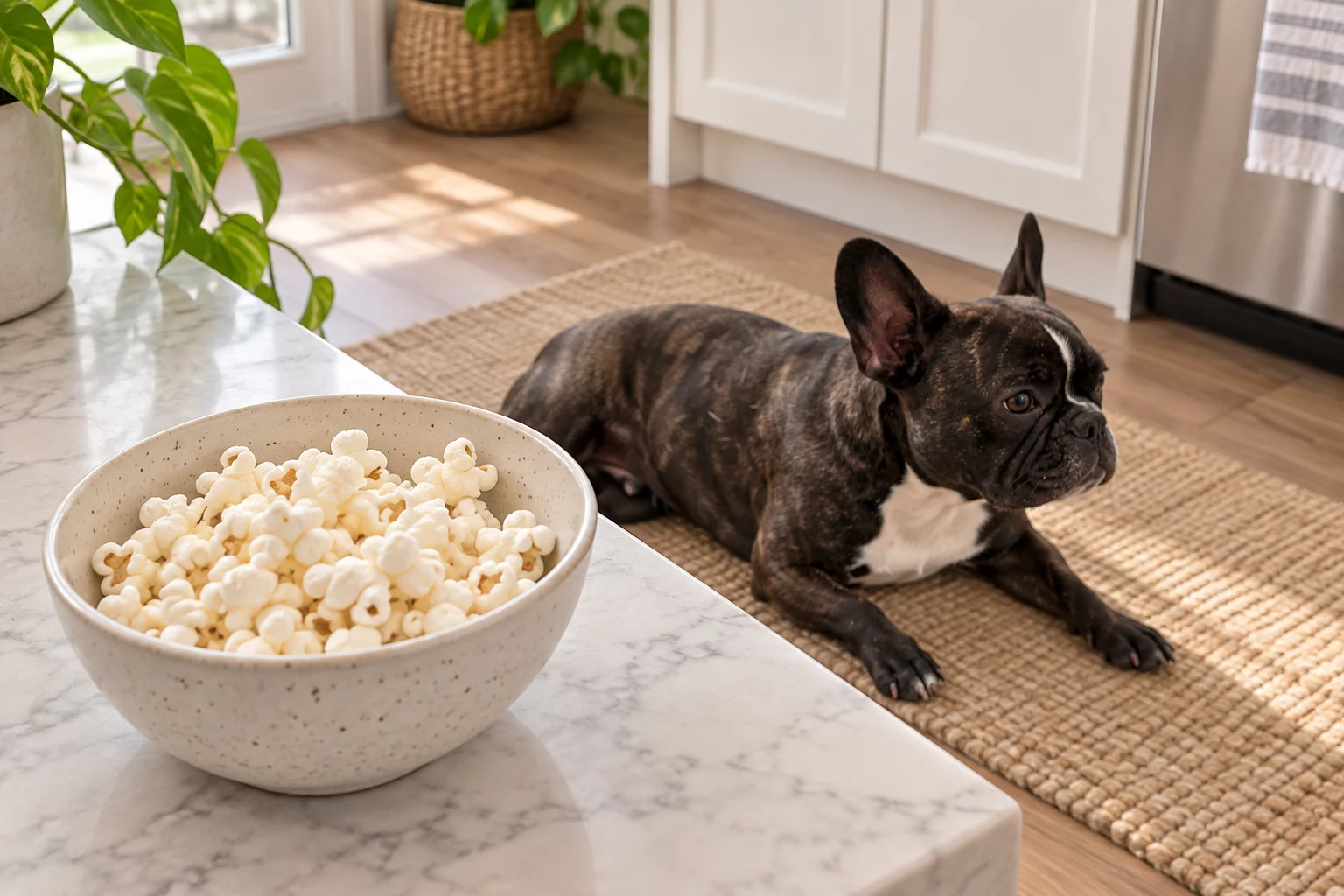 Illustration of plain air-popped popcorn on a counter with Nina resting on the floor