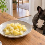 Illustration of plain cooked potato pieces on a plate with Nina sitting nearby