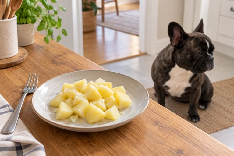 Illustration of plain cooked potato pieces on a plate with Nina sitting nearby