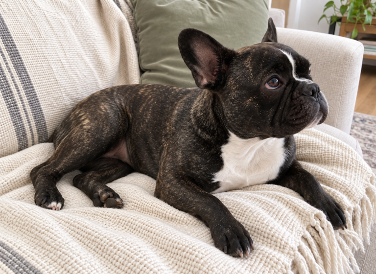 Editorial illustration of Nina resting on a cream throw and looking toward someone out of frame.