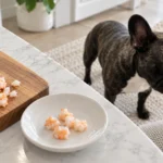 Illustration of cooked peeled shrimp cut into small pieces on a kitchen plate