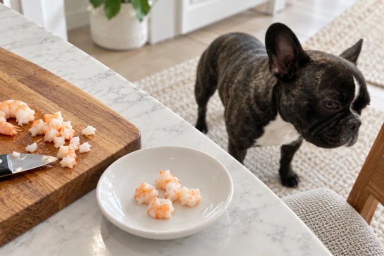 Illustration of cooked peeled shrimp cut into small pieces on a kitchen plate