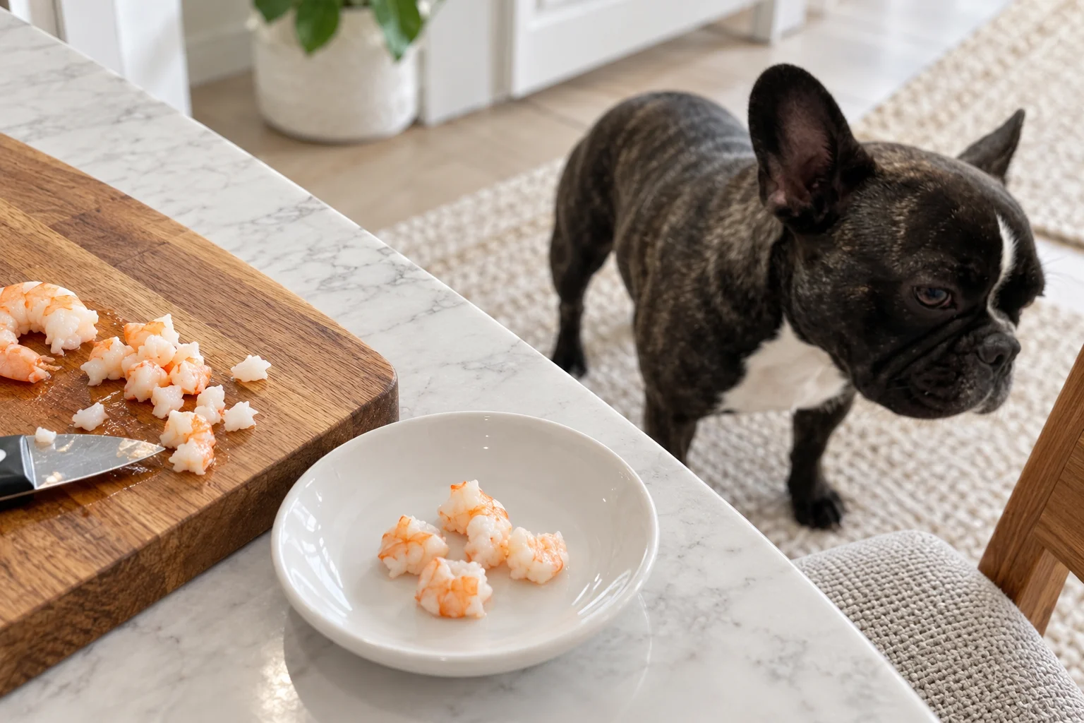 Illustration of cooked peeled shrimp cut into small pieces on a kitchen plate