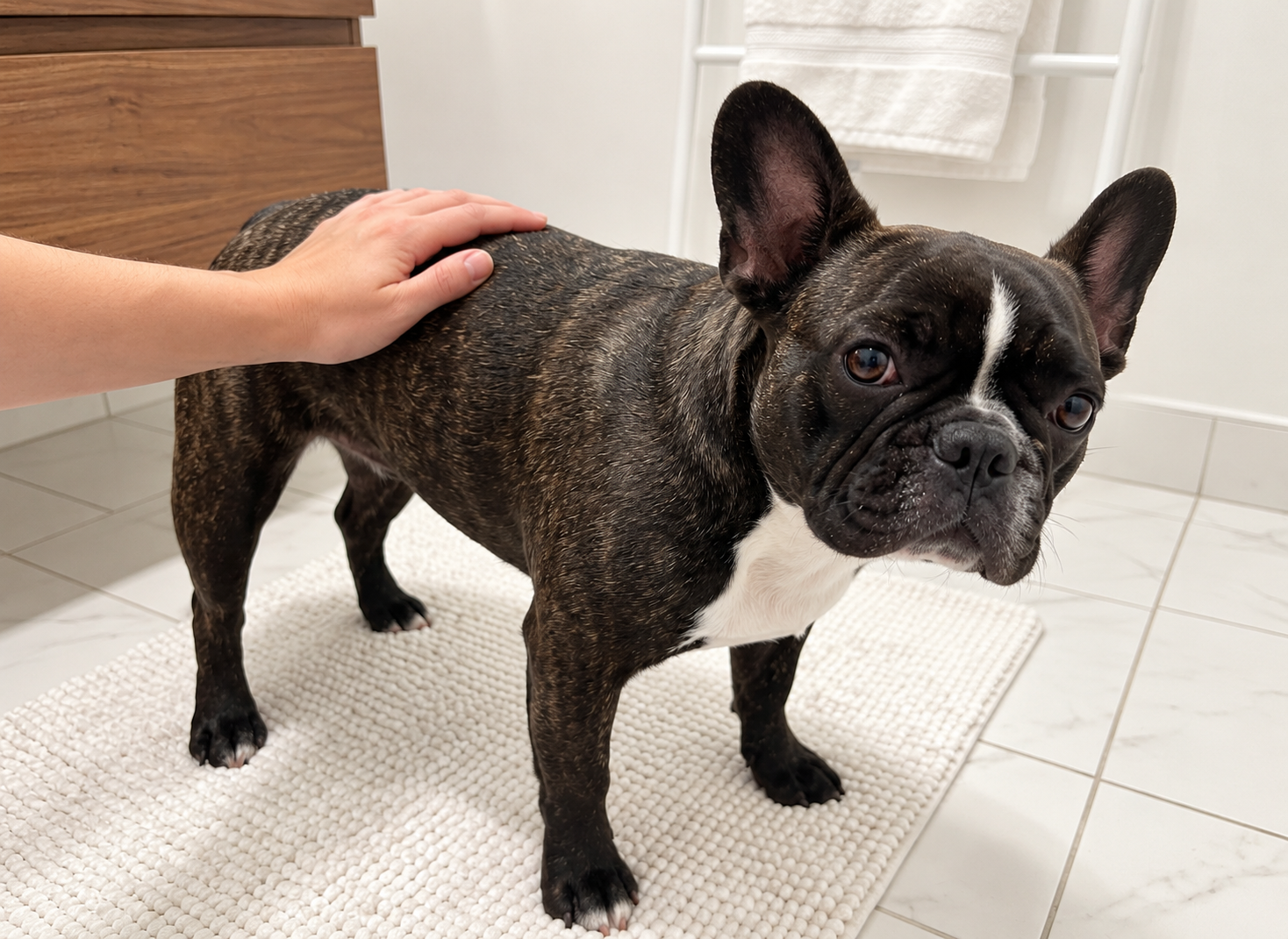 Generated illustration of brindle Nina standing calmly while a hand rests on her back.