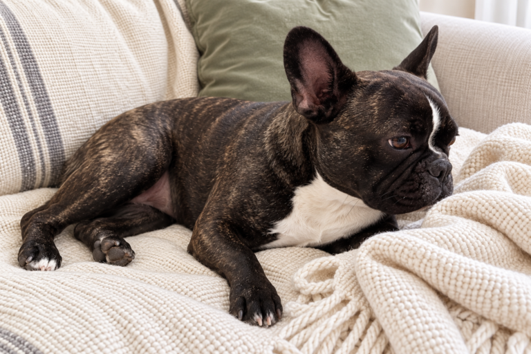 Editorial illustration of Nina resting on a cream sofa beside a folded cotton throw.