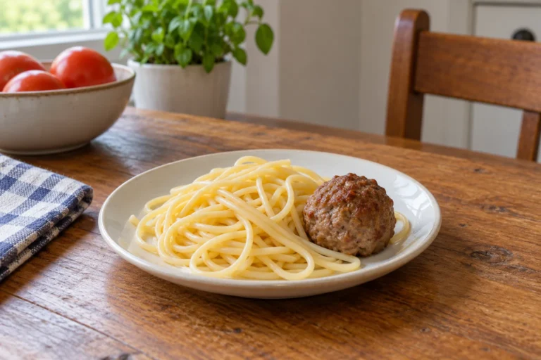 Illustration of plain spaghetti and a cooked meatball on a plate