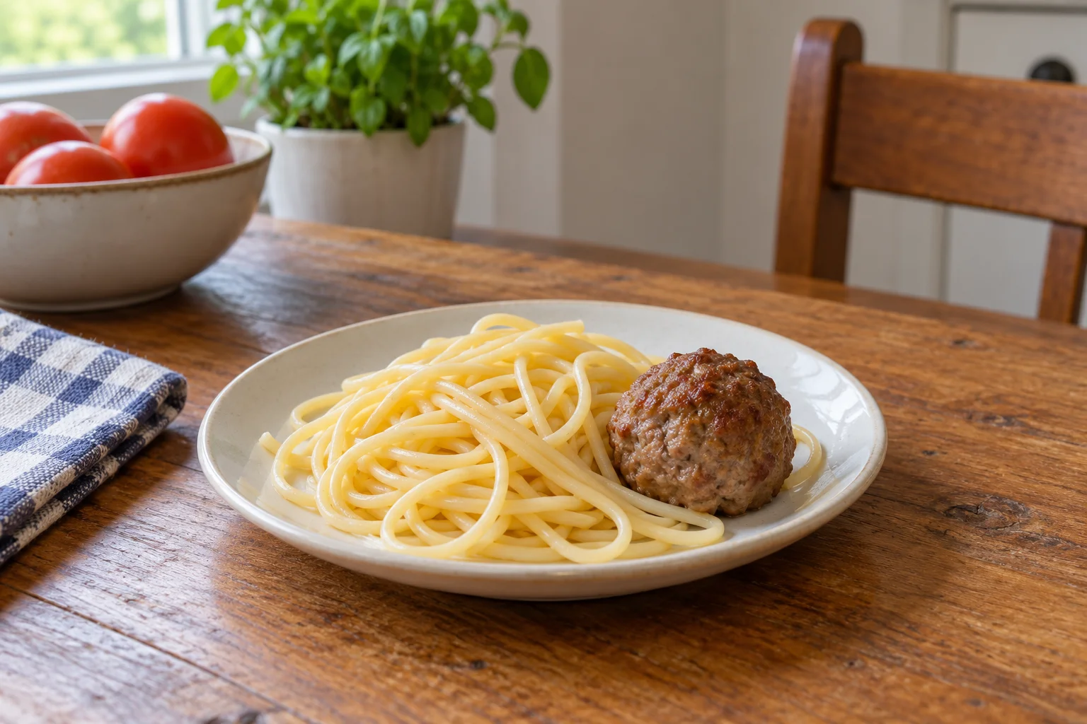 Illustration of plain spaghetti and a cooked meatball on a plate