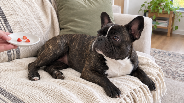 Nina the brindle French Bulldog relaxing on her sofa near a small saucer of chopped strawberry.