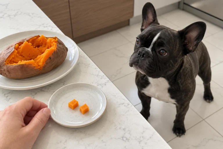 Plain cooked sweet potato and two small peeled pieces on a kitchen counter, with Nina waiting nearby.