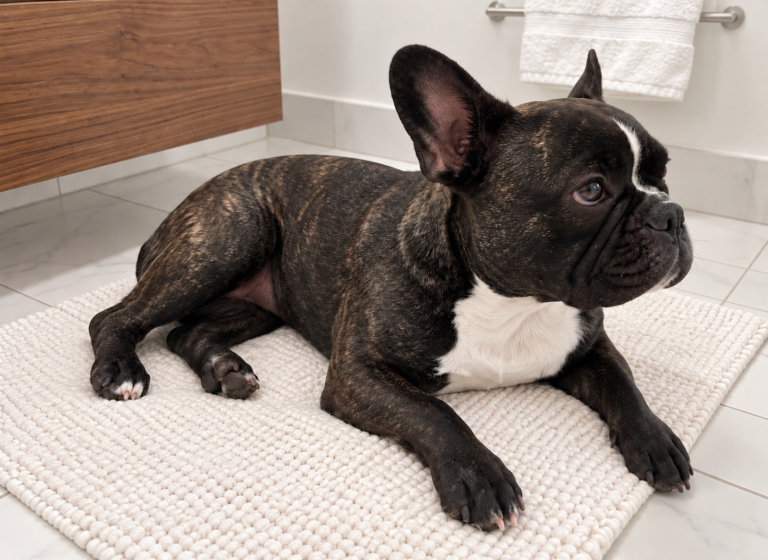 Editorial illustration of Nina resting on a pale bath mat beside a wooden vanity and white towel on a metal rail.