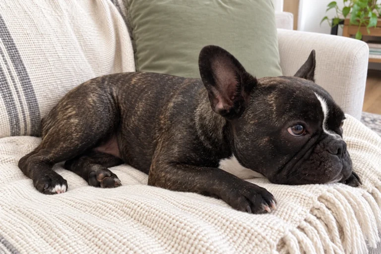 Nina lying with her head low on a cream sofa