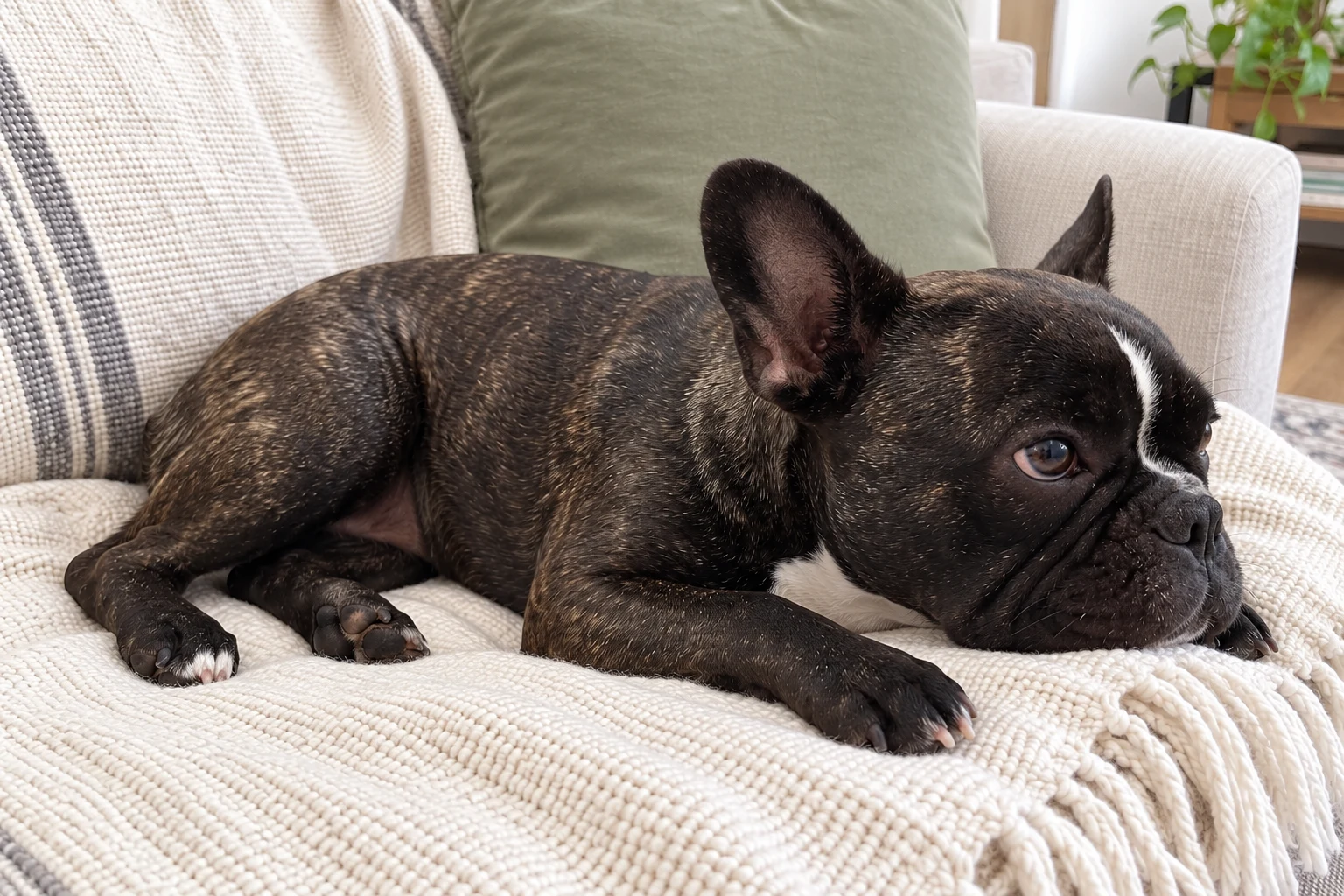 Nina lying with her head low on a cream sofa