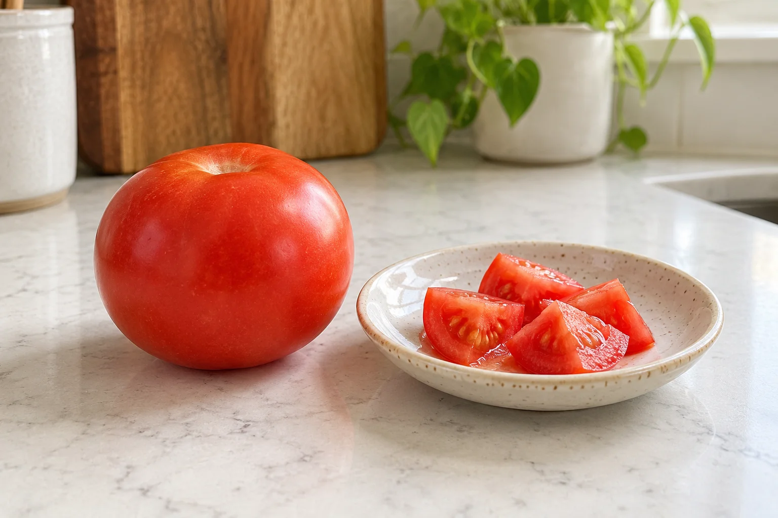 Illustration of a ripe red tomato and pieces without stems or leaves
