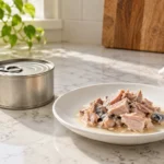 Illustration of canned tuna beside a plain can