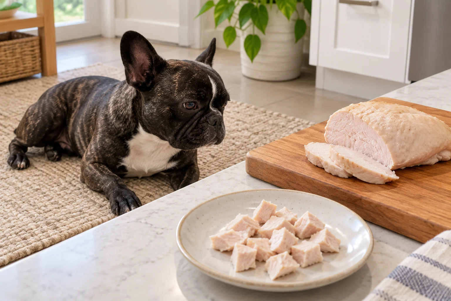 Illustration of plain cooked boneless turkey breast and small pieces on a countertop