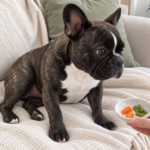 Generated illustration of Nina looking at a small dish of carrot and green bean pieces.