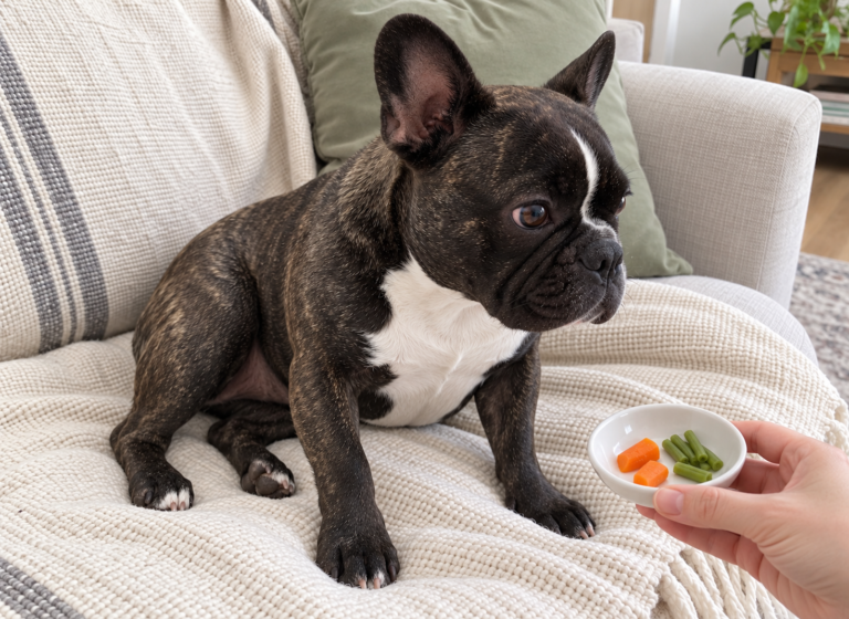 Generated illustration of Nina looking at a small dish of carrot and green bean pieces.