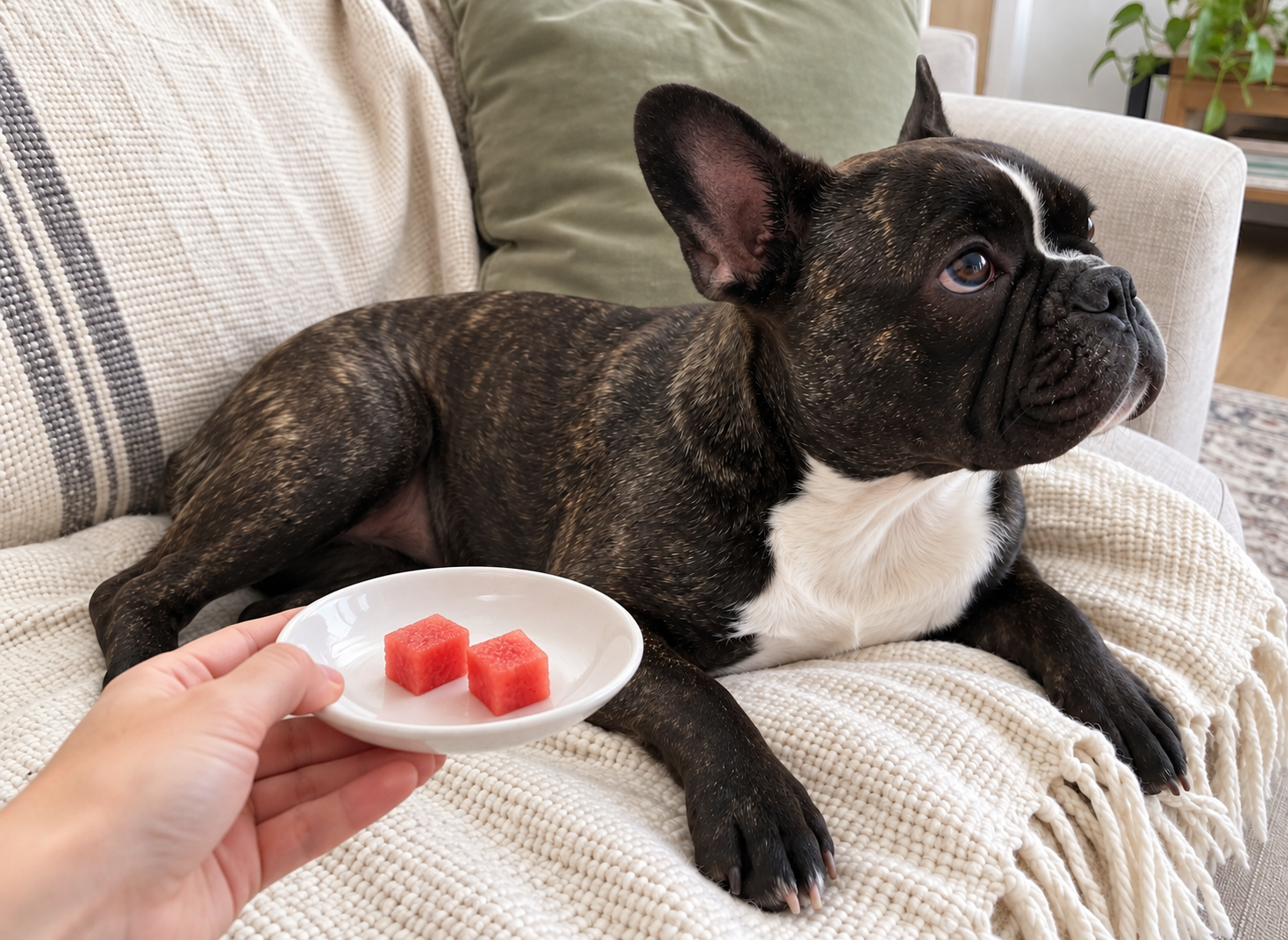 Editorial illustration of Nina beside a white saucer holding two seedless, rind-free watermelon pieces.