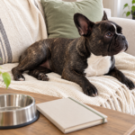 AI-generated illustration of normal-bodied Nina resting on her sofa beside a notebook and empty bowl