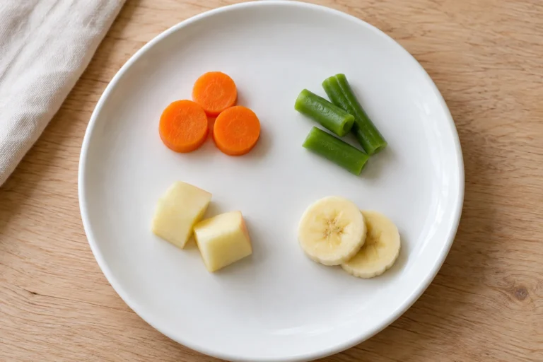 Small samples of carrot, green beans, peeled apple and banana spaced apart on a white plate.