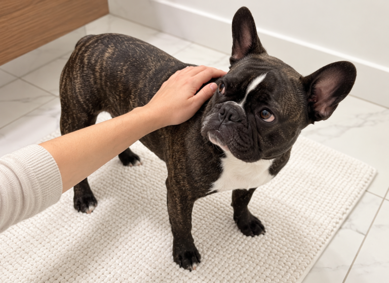 Generated illustration of brindle Nina standing calmly during a gentle coat observation.